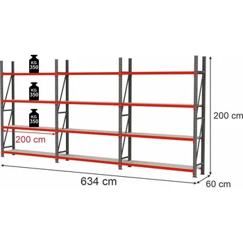 Dílenský regál Skladový regál FORTIS, 12policový, výška 200 cm, délka 634 cm, hloubka 60 cm