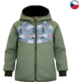 ZÁHOŘÍ Rudel ZÁHOŘÍ Dětská softshellová bunda s kapucí - zelená s liškou Velikost: 122