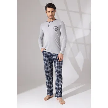 Pánské pyžamo Šedé a modře kárované pyžamo pro muže s kraťasy na knoflíky u krku New Yorker 1P1748 šedá s