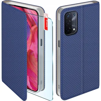 Pouzdro na mobilní telefon Flipové pouzdro pro Oppo A54 5G | A74 5G Uzavíratelné Tmavě Modré Pouzdro + Sklo 9H