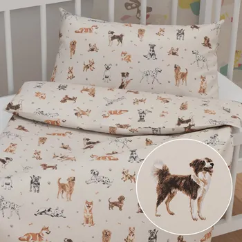 Povlečení Dětské bavlněné povlečení do postýlky Sandra SA-620 Psí kamarádi na krémovém Do postýlky 100x135 a 40x60 cm