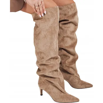 Dámské kozačky Dámské béžové kozačky nad koleno na jehlovém podpatku, semišové ZY1100 - 39