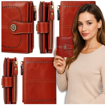 Peněženka PORTFEL DAMSKI ELEGANTNÍ MALÁ PROSTORNÁ NA KARTY RFID S POPRUHEM ČERVENÁ