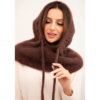 Čepice Polski Dámská čepice s kapucí, vázáním a copánkovým vzorem - výprodej Barva: Hnědá, Velikost: UNI