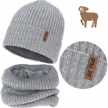 Čepice Šedá TEPLÁ zimní souprava MERINO VLNA ČEPICE NÁKRČNÍK 54-58 BAVLNA 10-99