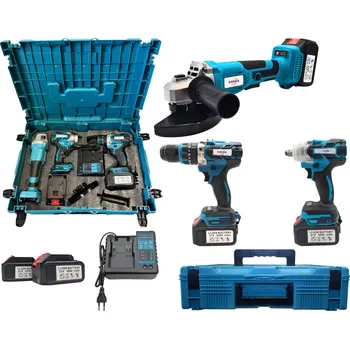 AKU sada 3v1 NAKIDA s bezuhlíkovým motorem – vrtačka, rázový utahovák, úhlová bruska + 2× baterie 21V + nabíječka + kufr