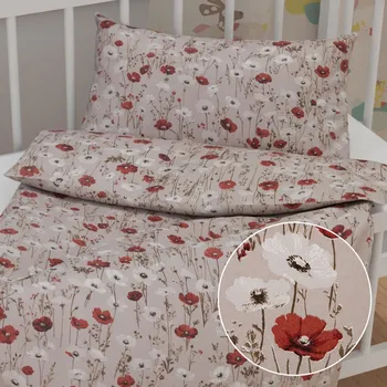 Povlečení Dětské bavlněné povlečení do postýlky Sandra SA-631 Červeno-bílé vlčí máky na šedobéžovém Do postýlky 90x140 a 40x60 cm