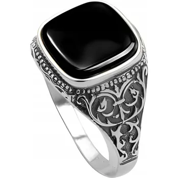 Prsten Stříbrný pečetní prsten ryzost 925 Stylový Lehký Prsten s Onyxem pro Muže | vel. 28