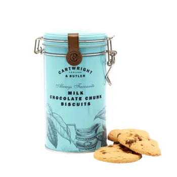 Cartwright & Butler Milk Chocolate Chunk Biscuits Sušenky s kousky mléčné čokolády v plechovce, 200 g