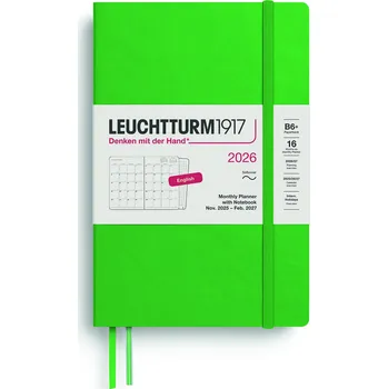 Diář Leuchtturm 1917, Měsíční plánovač s poznámkovým blokem v měkké vazbě Leuchtturm 1917 2025/2027 16M EN B6+, světle zelený - Formadore