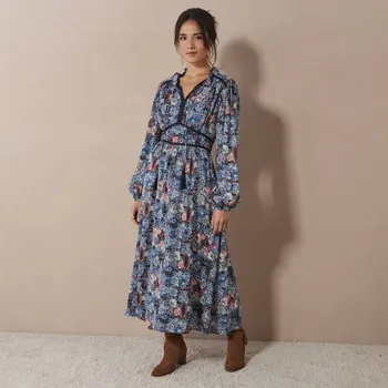 Dámské šaty Dlouhé šaty se stojáčkem a potiskem květin nám. modrá/modrá 54