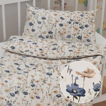 Povlečení Dětské bavlněné povlečení do postýlky Sandra SA-630 Modro-hnědé vlčí máky na světle vanilkovém Do postýlky 90x140 a 40x60 cm