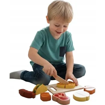 Dřevěná hračka DŘEVĚNÁ HRAČKA PRO DĚTI SADA SNÍDANĚ K KRÁJENÍ DŘEVĚNÁ YY-3363