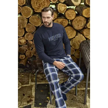 Pánské pyžamo Modré i šedě mřížkované do kostek hřejivé pánské pyžamo, NIKDY SE NEVZDÁVEJ 1Z1461 modrá s