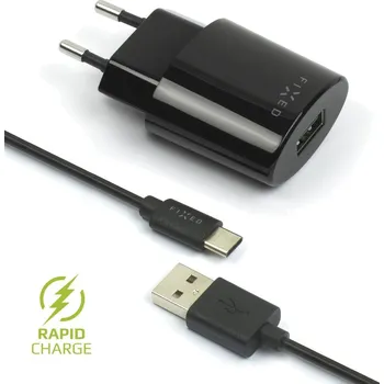 Síťová nabíječka FIXED s odnímatelným USB-C kabelem, 2,4A, černá