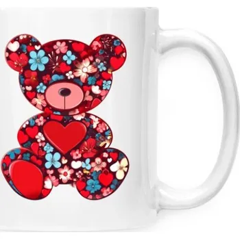 Hrnek malý bílý s potiskem Červený květinový medvídek se srdíčkem