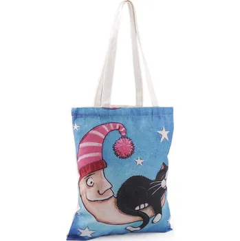 Nákupní taška Textilní taška bavlněná kočka 34x40 cm, střední, 3 modrá nebeská měsíc