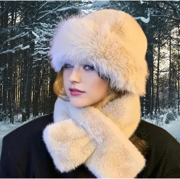 Čepice ČEPICE DÁMSKÁ ZIMNÍ ŠÁLA MÓDNÍ ELEGANTNÍ TEPLÁ SOUPRAVA KOŽÍŠEK BÉŽOVÁ