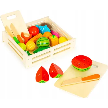 Dřevěná hračka DŘEVĚNÁ ZELENINA A OVOCE K KRÁJENÍ PRO DĚTI + DŘEVĚNÁ BEDÝNKA