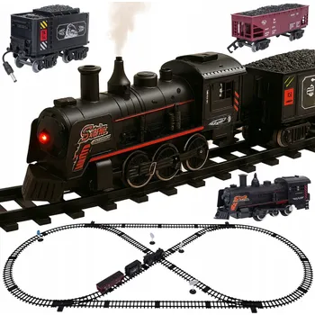 Vláček a vláčkodráha ELEKTRICKÁ VLÁČKODRÁHA LOKOMOTIVA S VAGÓNY KOLEJE VLAK SE ZVUKEM A KOUŘEM