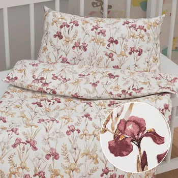 Povlečení Dětské bavlněné povlečení do postýlky Sandra SA-636 Vínovo-béžové kosatce na bílém Do postýlky 100x135 a 40x60 cm