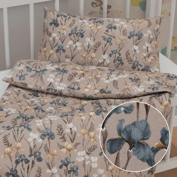 Povlečení Dětské bavlněné povlečení do postýlky Sandra SA-637 Modro-béžovo-bílé kosatce na šedobéžovém Do postýlky 90x120 a 40x60 cm