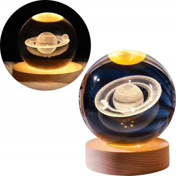 Lampička Lampička LED noční stolní teplá skleněná koule Saturn 3D jako dárek USB