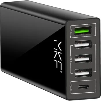 MKF-QC3AC5, USB nabíječka, 1× USB QC3.0, 3× USB 5 V / 2,4 A, 1× USB C 5 V / 3A, Multi charge, černá