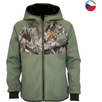 ZÁHOŘÍ Rudel ZÁHOŘÍ Dětská softshellová bunda s kapucí - zelená s kamufláží Velikost: 128