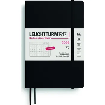Diář Leuchtturm 1917, Měsíční plánovač s poznámkovým blokem v měkké vazbě Leuchtturm 1917 2025/2027 16M EN B6+, černý - Formadore