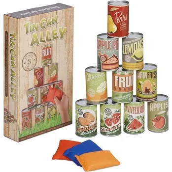 Relaxdays Hra na házení plechovkami pro děti, Zahrada na házení plechovkami, 10 plechovek a 3