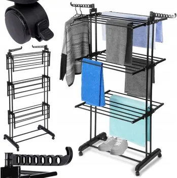 Sušák na prádlo KOVOVÝ ČERNÝ SUŠÁK NA PRÁDLO VERTIKÁLNÍ TŘÍPATROVÝ S KOLEČKY