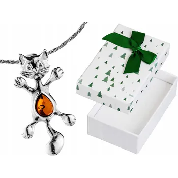 Náhrdelník Velký Stříbrný Náhrdelník Kočka s Jantarem Oxidovaný Koťátko Krátký Choker 35
