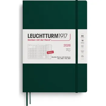 Diář Leuchtturm 1917, Měsíční plánovač s poznámkovým blokem v měkké vazbě Leuchtturm 1917 2025/2027 16M EN B5, lesní zelená - Formadore