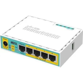 Počítač MikroTik RouterBOARD hEX PoE Lite, 650MHz CPU, 64MB RAM, 5x LAN, USB, PoE, 1x USB, vč. L4 licence