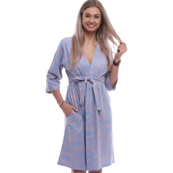 Dámský župan Modrý lehký dámský župan vzor růžové listí 1G0650 modrá xxxl