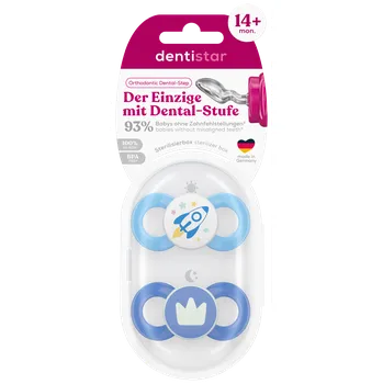 dudlíky Dentistar ortodontické dudlíky od 14 měsíců věku, denní a noční, modré