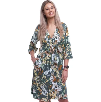 Dámský župan Zelený lehký župan pro ženy s moderním vzorem pivoněk ve žluté, hnědé, šedé a bílé 1G0692 zelená xxxl