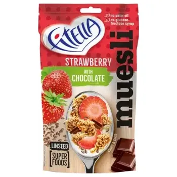 Jahodové muesli s lněným semínkem a čokoládou 50 g