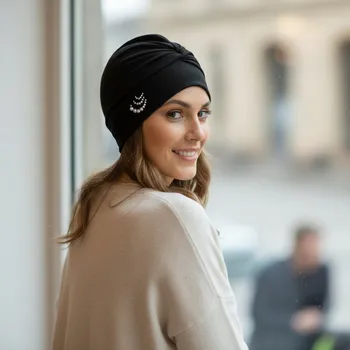 Ebbie Bavlněný turban-lotus - ČERNÝ Velikost: 54