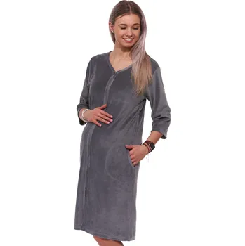 Dámská noční košile Šedý elegantní hřejivý župan na zip ze sametu na kojení do porodnice 1TB0084 šedá xxxl