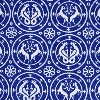 Medailony s párem gryfů a koz, ručně tištěný len, přírodní indigo, 1.25m, sartor.cz