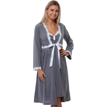 Dámská noční košile Tmavě šedý komplet košilka a župan pro ženy a dívky lemovaný bílou krajkou 1G0551 šedá xxl
