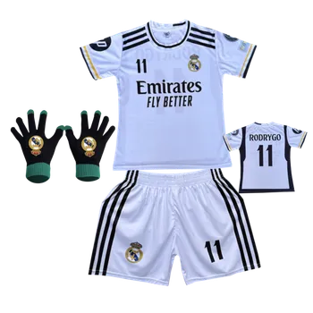 Numberoplus Premium Dětský fotbalový dres Komplet + fotbalová pletené rukavice Real Madrid - Rodrygo 11 Velikost: 16 let (vel.166-172)