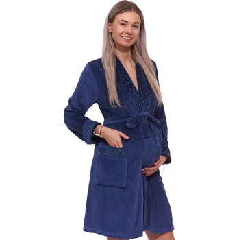 Dámský župan Tmavě modrý sametový hřejivý elegantní i těhotenský župan na kojení 1TB0066 modrá xxxl