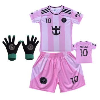 Fotbal Numberoplus Premium Dětský fotbalový dres Komplet + fotbalová pletené rukavice Inter Miami CF 25/26 - King Messi 10 Velikost: 12 roky (vel.146)