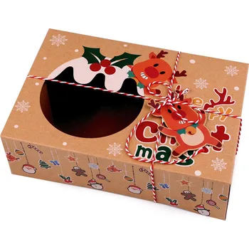 Vánoční dárková krabice s průhledem a jmenovkou, střední, 2 hnědá přírodní sob