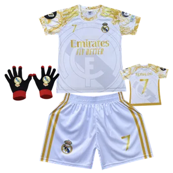 Fotbal Numberoplus Premium Dětský fotbalový dres Komplet + fotbalová pletené rukavice Real Madrid Emirates Fly Better bílá - Cristiano Ronaldo CR7 Velikost: 10-let (vel.134)