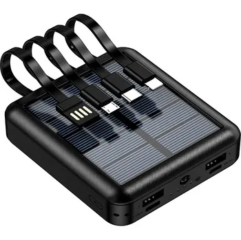 Powerbanka Solární Mini Powerbanka 10000mAh se 4 Kabely - Černá