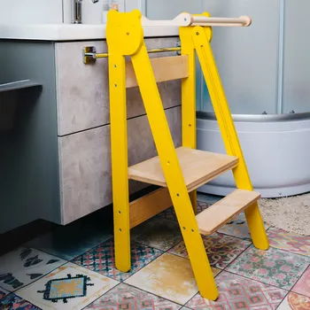 učicí věž Family-scl Skládací dětská učící věž-Žlutá / Přírodní